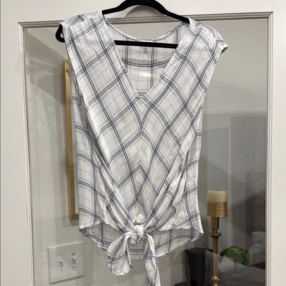 Plaid V-Neck Tie-Front Top Max Studio